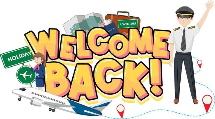 Welcome back typography logo with a pilot cartoon character