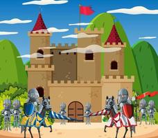 escena del castillo medieval con dos ejércitos en estilo de dibujos animados vector