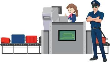 personal de seguridad del aeropuerto con escáner de equipaje del aeropuerto
