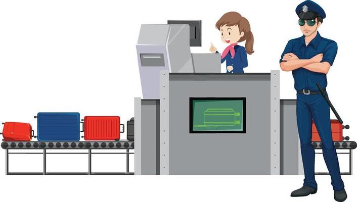 Airport security staffs with airport baggage scanner