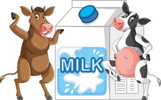 un par de vacas lecheras de pie con una caja de leche vector