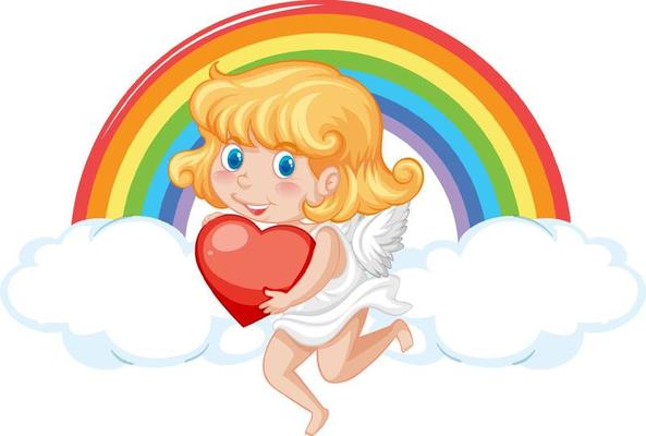 Angel girl holding red heart on rainbow background