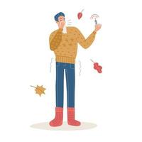 Man sneeze covered by tissue. Coronavirus COVID-19 outbreak concept. Male full-length character wearing a sweater and knitted socks and holding a thermometer in hand. Vector flat illustration