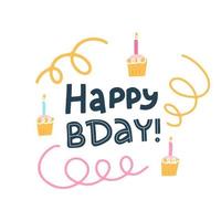 confitería festiva y frase de cumpleaños escrita a mano, cita con letras planas, cupcake con ilustración de vela. vector