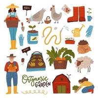Gardening scene creator. Set of people in garden with harvest, plants, equipment and supplies, woman and man, farm animals, garden bed. Flat cute hand drawn cartoon vector clip art
