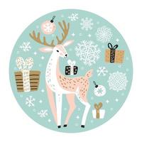 Cute Merry Christmas greeting card, invitation with reindeer, Xmas tree balls, snowflakes and gift boxes. Hand drawn circle concept design. Vector illustration background.