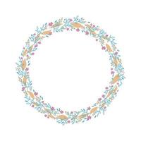 Hand drawn vector wreath. Floral circle frame design element for invitations, greeting cards, posters, blogs. Delicate branches and leaves in doodle scandinavian style..