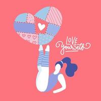 Happy woman holding a big heart on her legs. Greeting card for Valentine s Day. Love yourself lettering. Flat vector illustration.