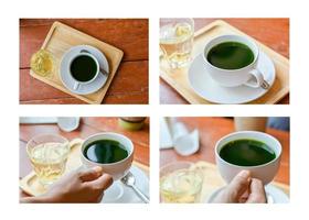 Set of hot matcha green tea in white ceramic cup served on wooden tray on table in cafe and coffee shop. Healty beverages of japan for reduce sugar in blood.