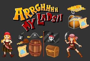 Set of pirate cartoon characters and objects vector