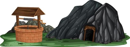 Isolated landscape with stone cave and well vector