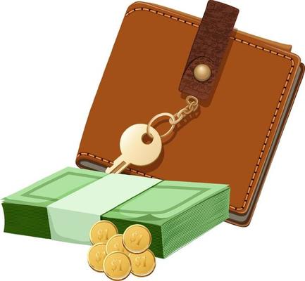 Brown wallet with money cash in cartoon style