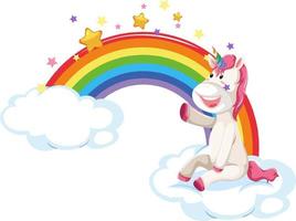 unicornio de dibujos animados sentado en una nube con arco iris vector