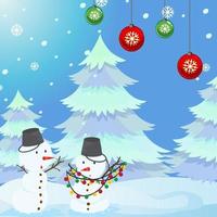 Christmas poster design with snowmans and snow tree vector