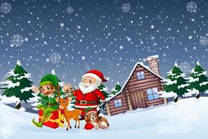 Snowy night scene with Christmas cartoon characters vector