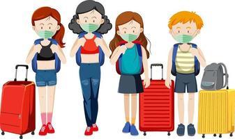 Group of travellers wearing masks with their luggages vector