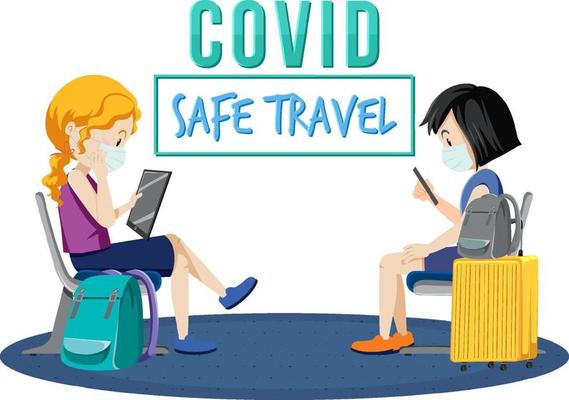 Covid Safe Travel logo banner with passengers waiting for boarding