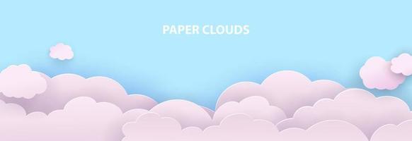 Pink clouds cut out of paper against a blue sky. Template for your design. Vector illustration
