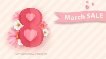 8 de marzo, tarjeta de felicitación del día de la mujer con flores y papel número ocho. fondo en colores pastel con un patrón geométrico. descuentos de vacaciones. ilustración vectorial
