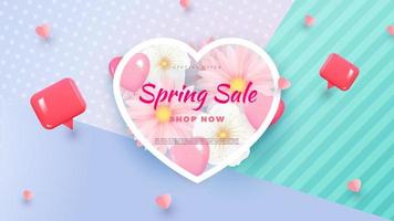 Spring sale banner with flowers on colorful background. Frame in the shape of a heart. Vector illustration.