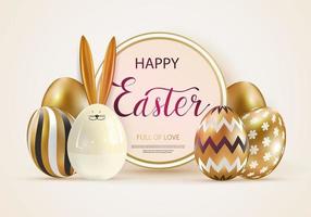 Happy Easter. Festive background design with golden eggs and easter ceramic bunny. Round frame for your inscription. Festive web banner. Vector illustration