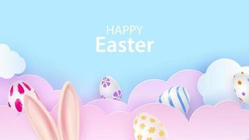 Happy Easter greeting card. Sky in pastel colors. Bunny ears and painted Easter eggs peeking out of the clouds. Vector illustration