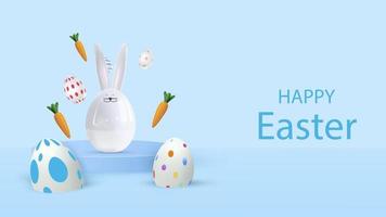 Happy Easter holiday background. Festive design with realistic 3D bunny and decorative elements. Flying carrots and Easter eggs. Banner, web poster, flyer cover vector