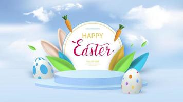 Minimalist scene with blue cylindrical podium, round frame, spring leaves and easter eggs. Bunny ears peek out from the leaves. Stage for product demonstration, showcase. Vector illustration