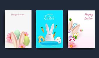 juego de pascua de tarjetas de felicitación, portadas de vacaciones, carteles, volantes en estilo 3d realista con huevos de pascua y conejito de cerámica. vector