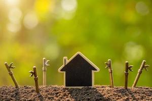 Wooden house growing in soil and vintage key on green nature blur background. Key to success about home business grow up concept photo