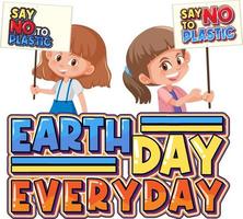 Earth day everyday word logo with two girls cartoon character vector