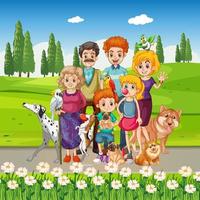 Outdoor scene with family and their dogs vector