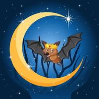 Cartoon bat with crescent moon background vector