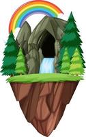 Isolated stone cave with pine trees and rainbow vector