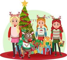 Three girls celebrating Christmas with a reindeer vector