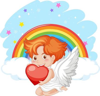 Angel boy holding a red heart on rainbow background