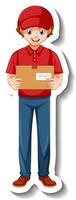 A sticker template with delivery man in uniform holding boxes vector