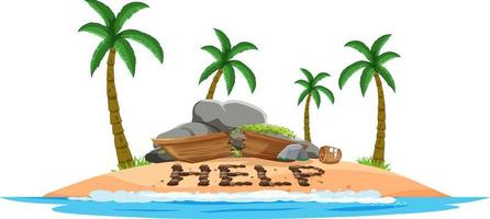 Deserted island with broken boat lying on the beach vector