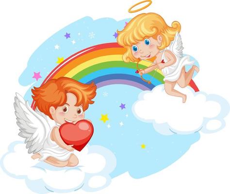 Angel boy and girl with rainbow in the sky