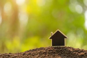 Wooden house growing in soil on green nature blur background. Home business grow up concept photo