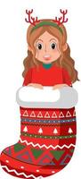 A cute girl in Christmas stocking in cartoon style vector