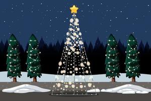 Light christmas tree with pine trees at night scene vector