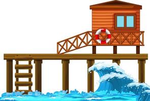 Bungalow with pier on white background vector