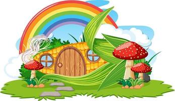 Fantasy corn house with rainbow in the sky vector