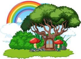 casa de árbol de fantasía con arco iris en el cielo vector