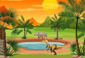 dinosaurio en la escena del bosque prehistórico vector