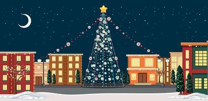 Decorated Christmas tree in the town at night scene vector