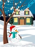 escena al aire libre de la noche de invierno con un muñeco de nieve y una casa de navidad decorada vector