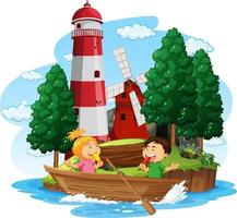 Lighthouse on the island with children on wooden boat vector