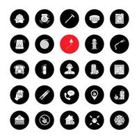 Firefighting glyph icons set. Fire station equipment. Vector white silhouettes illustrations in black circles